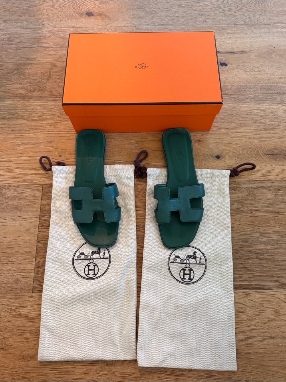 Hermes Green Oran Slide Sandals